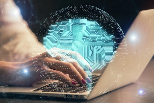 multi exposure of woman hands working on computer and human brain hologram drawing ai tech concept