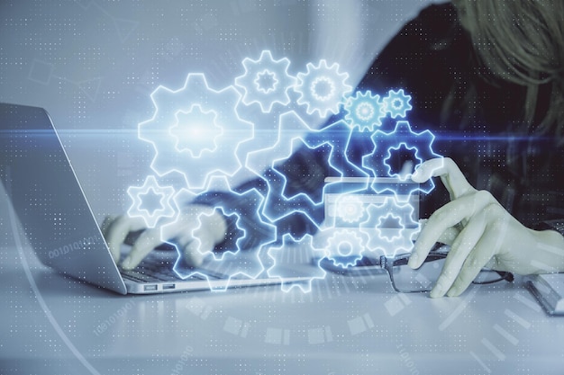 Multi exposure of woman online shopping holding a credit card and financial theme drawing Business Ecommerce concept