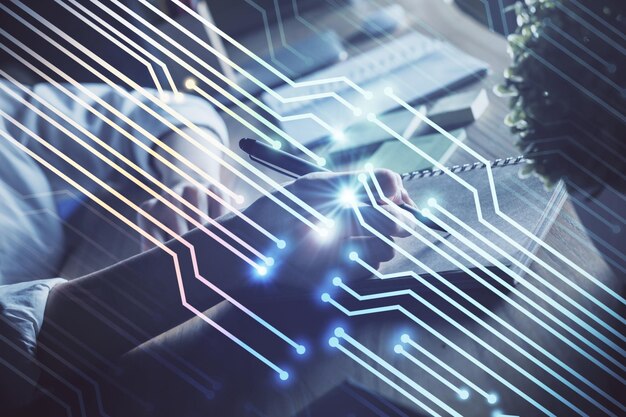 multi exposure of womans hands on background with technology and digital coding icons data development concept