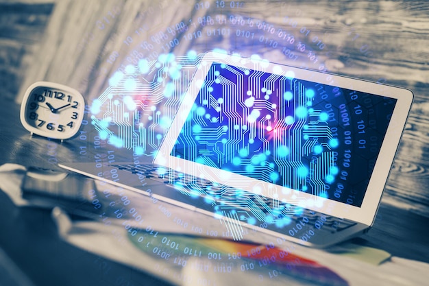 multi exposure of work space with computer and human brain hologram brainstorm concept