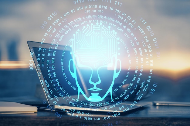 Multi exposure of work space with computer and human brain hologram Brainstorm concept