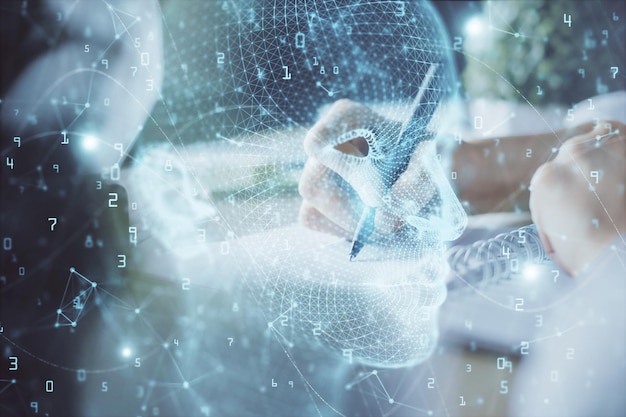 Multi exposure of writing hand on background with brain hologram Concept of self learning