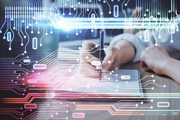 multi exposure of writing hands on background with data solution hologram technology concept