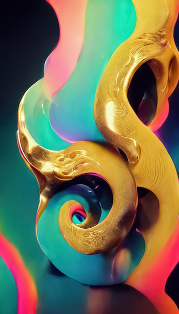 Multicolor neon gold abstract dynamic fluid liquid swirls shape background 3D digital illustration