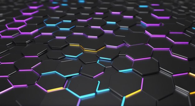 Musta ruostumaton teräs, heksagonaalinen verkkotausta neonvärisellä 3d-renderöidyllä teknologisella heksagonilla