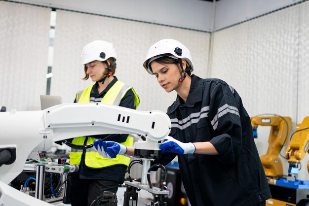 Naisinsinööri tarkastaa ja ohjaa automaation robottivarsien konetta älykkäässä teollisuustehtaassa reaaliaikaisessa valvontajärjestelmässä, ohjelmistorobotiikka ja digitaalinen valmistustoiminta