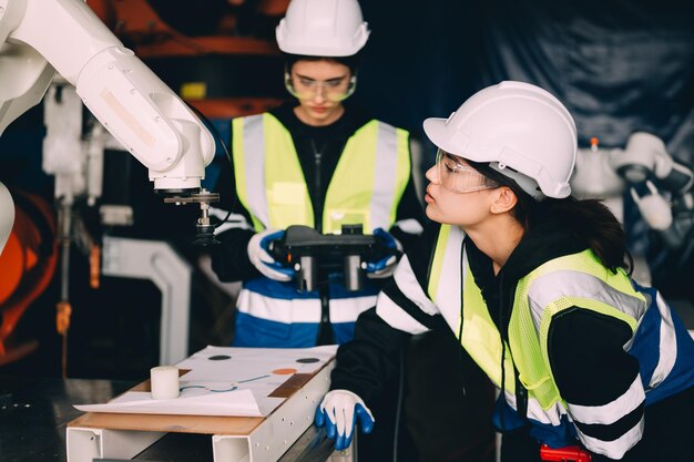 Naispuolinen tekninen insinööri käyttää ohjainta tarkistaakseen ja käyttääkseen automaattista robottikonetta