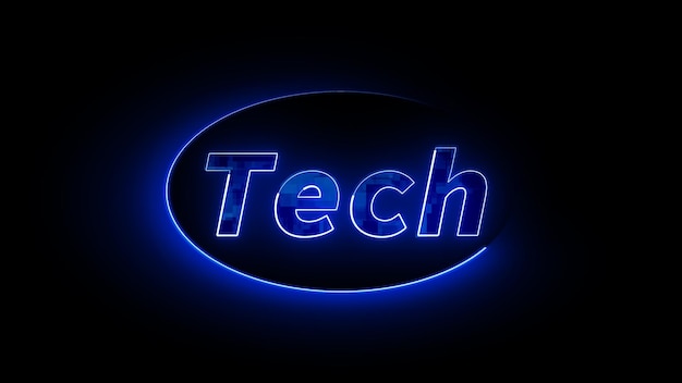 Neon blue Tech sign glowing on a dark background