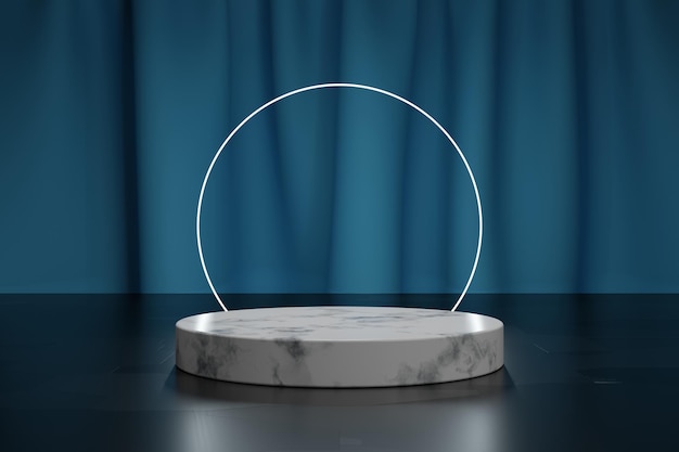 Neon circle and marble 3d podium for product presentation with pale blue textile curtain