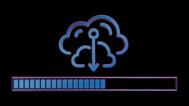 neon cloud computing icon with loading bar on black background