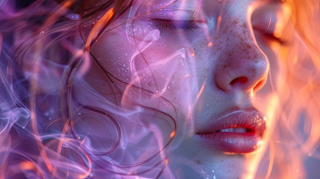Neon electric smoke Young girl looking at camera over fluorescent lights against gradient blue purple background Concept of art modern style cyberpunk futurism and creativity Generative AI