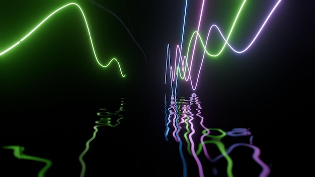 Neon light waves reflecting on water in dark space with vibrant green and purple hues