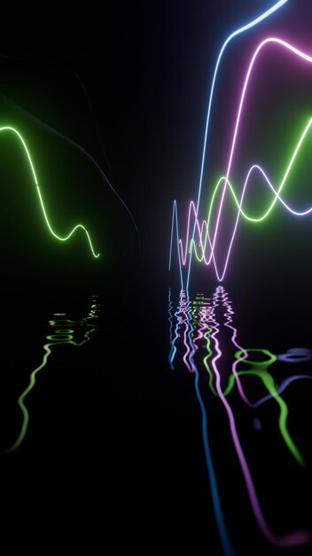 Neon light waves reflecting on water in dark space with vibrant green and purple hues