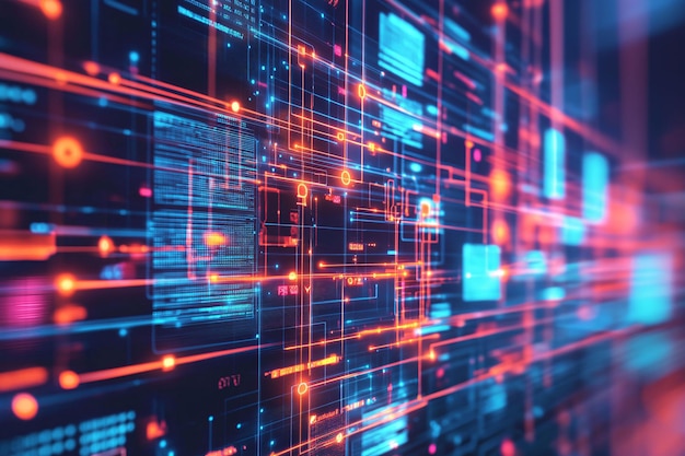 Neon lines and colorful particles in an abstract cyberpunk style