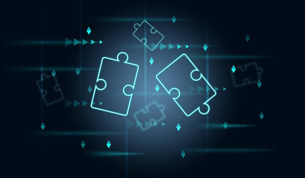 Neon puzzles on a blue abstract background the concept of finding solutions