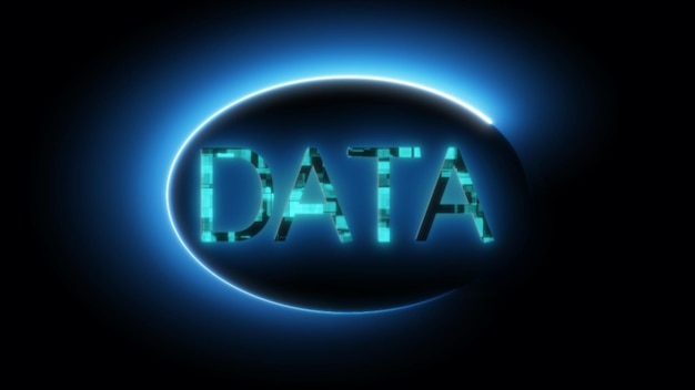 neon sign with the word data glowing in blue on a dark background