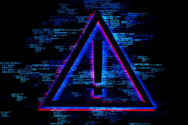 Neon triangle with exclamation point and coding script with a digital glitch aesthetic Cybersecurity concept 3D Rendering