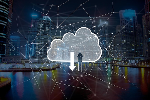 Network cloud from the network on the background of the city