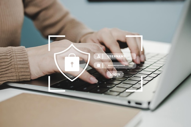 Network Security. business people hand entering password code on laptop computer, cyber internet security, information authentication, digital marketing, shopping online, digital technology concept