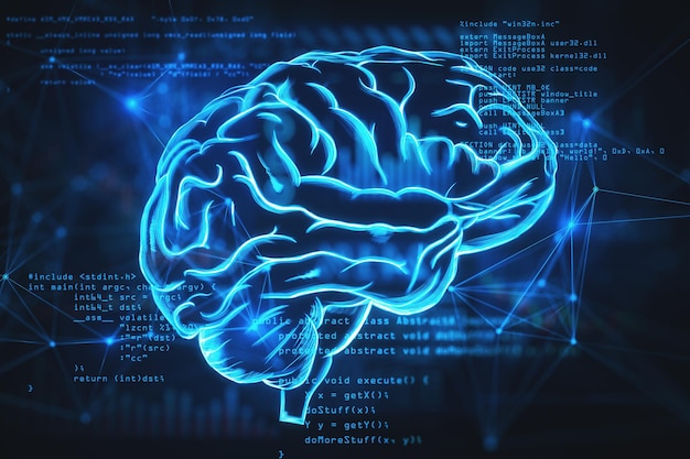 Neural network and scientific technology concept with digital glowing blue human brain with convolutions on dark technological background with coding 3D rendering