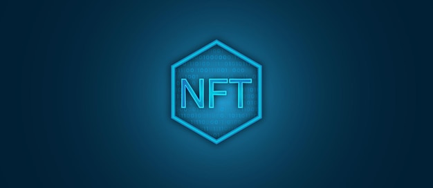 non-fungible token -hologrammi NFT-vektori 3d-renderöitynä tummansinisenä ja vapaata tilaa sisältävänä taustana