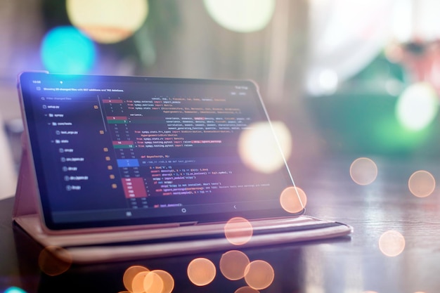 Notebook closeup photo CSS JavaScript and HTML usage Monitor closeup of function source code Abstract IT technology background