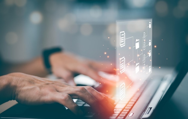 Online documentation database and document management system concept, Businessman using tablet or computer,Document Management System and Automation software to archiving and efficiently manage.