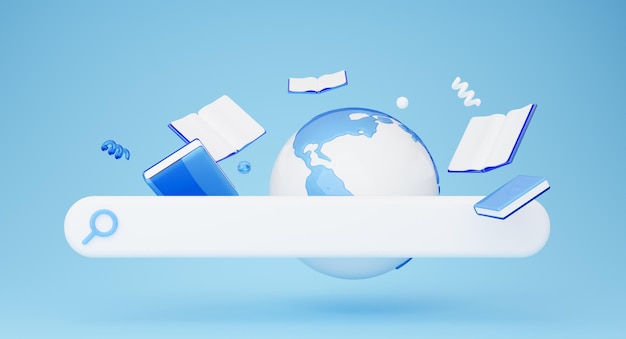online search bar globe and books over blue background collage