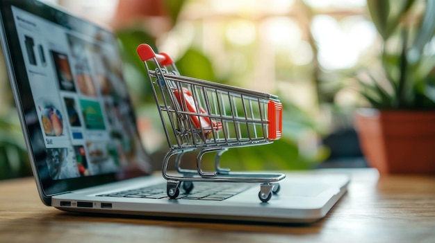 Online shopping concept with miniature cart on laptop