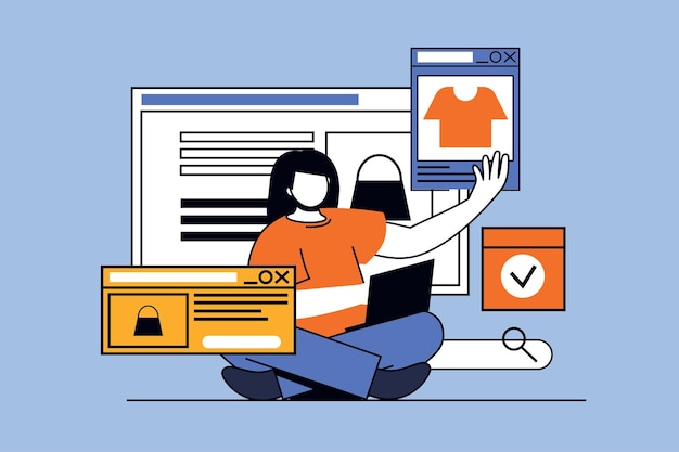Online shopping concept with people scene in flat design for web Woman ordering goods at website and paying online using laptop Vector illustration for social media banner marketing material
