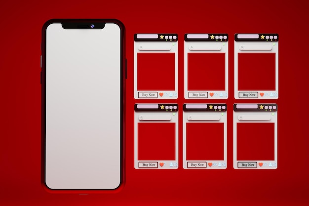 online store design internet shopping. big smartphone with a white display on a red background.