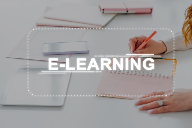 Online study elearning technology woman workplace