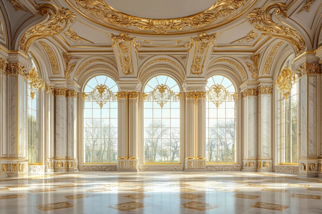 opulent palace interior elegant 2d illustration of castle hall with classic ballroom arch windows marble columns and golden chandeliers