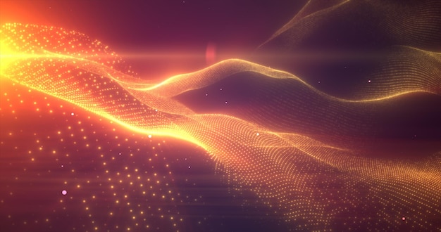 orange yellow glowing energy bright waves from small particles and lines abstract background