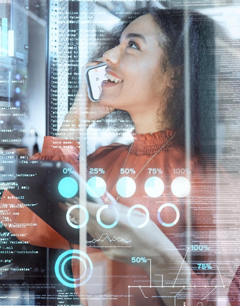 Overlay chart and software engineer with phone call graph and analytics with server maintenance or upgrade with tablet Happy programmer woman and check data double exposure and technology coding