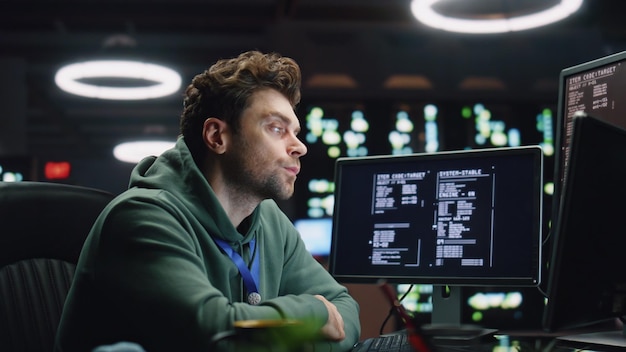 Overworked programer looking monitor working late in office closeup man typing