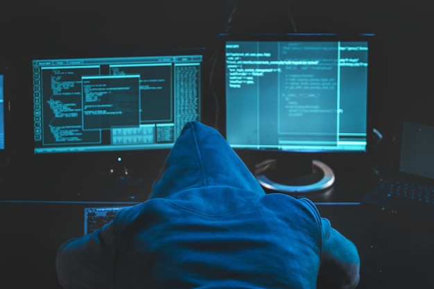 Overworked tired hacker hooded hacker sleeping at his computer malicious code software on the screen hacking data center Download image