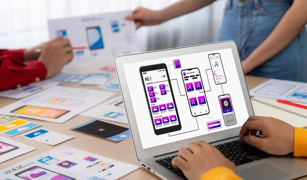 Panorama banner of startup company employee planning on user interface synergic