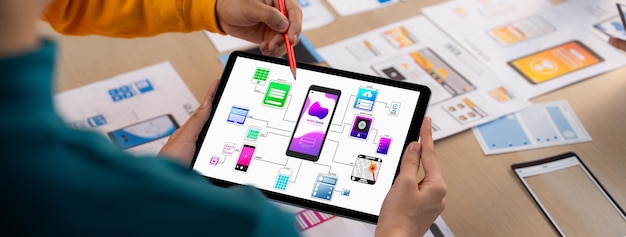 Panorama banner of startup company employee planning on user interface synergic