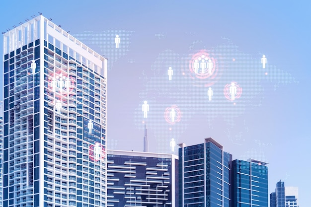 Panoramic view skyscrapers Modern cityscape of the capital of the Emirate of Dubai Financial services hub people connection concept social media icon Double exposure
