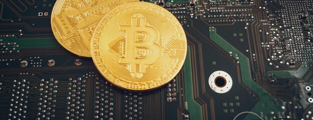 Panoramical Bit coins on the background of a computer microcircuit