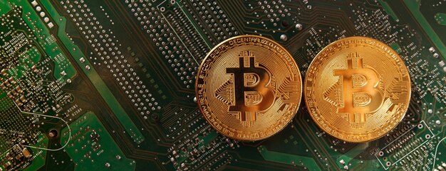 Panoramical Bit coins on the background of a computer microcircuit