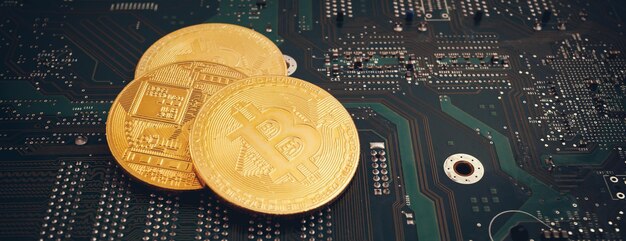 Panoramical Bit coins on the background of a computer microcircuit