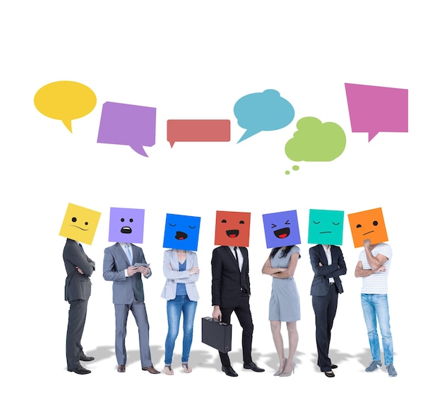 People with boxes on their heads against speech bubbles