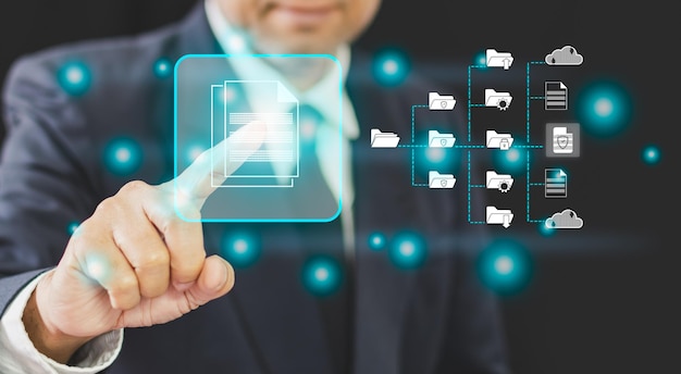 person businessman using finger touch icon Document Management System DMS
