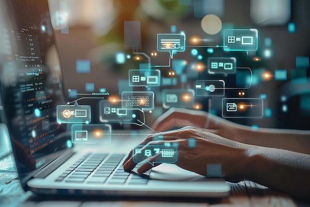 Person typing laptop icons technology computer screen working