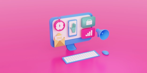 Personal computer apps,tools for online marketing campaign concept  3d rendered with megaphone, email, compass, data analisyst