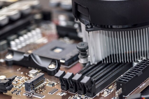 Personal computer motherboard with different details close up