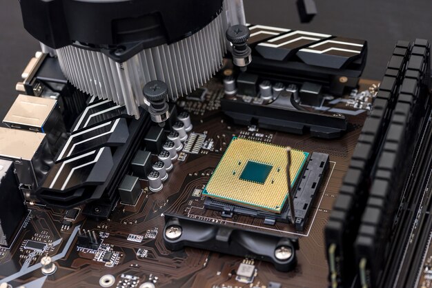 Personal computer motherboard with different details close up