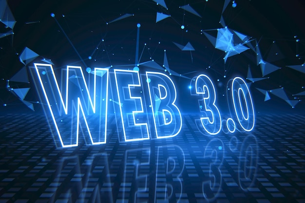 Perspective view on glowing graphic digital web 30 sign on dark background with crystal effect blockchain system cryptocurrency anonymous and modern internet technology concept 3D rendering